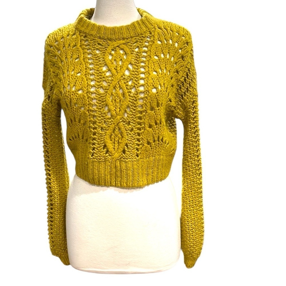 Urban Outfitters Cropped Open Knit Full Sleeve Sweater SZ S Gold Yellow - Picture 2 of 6